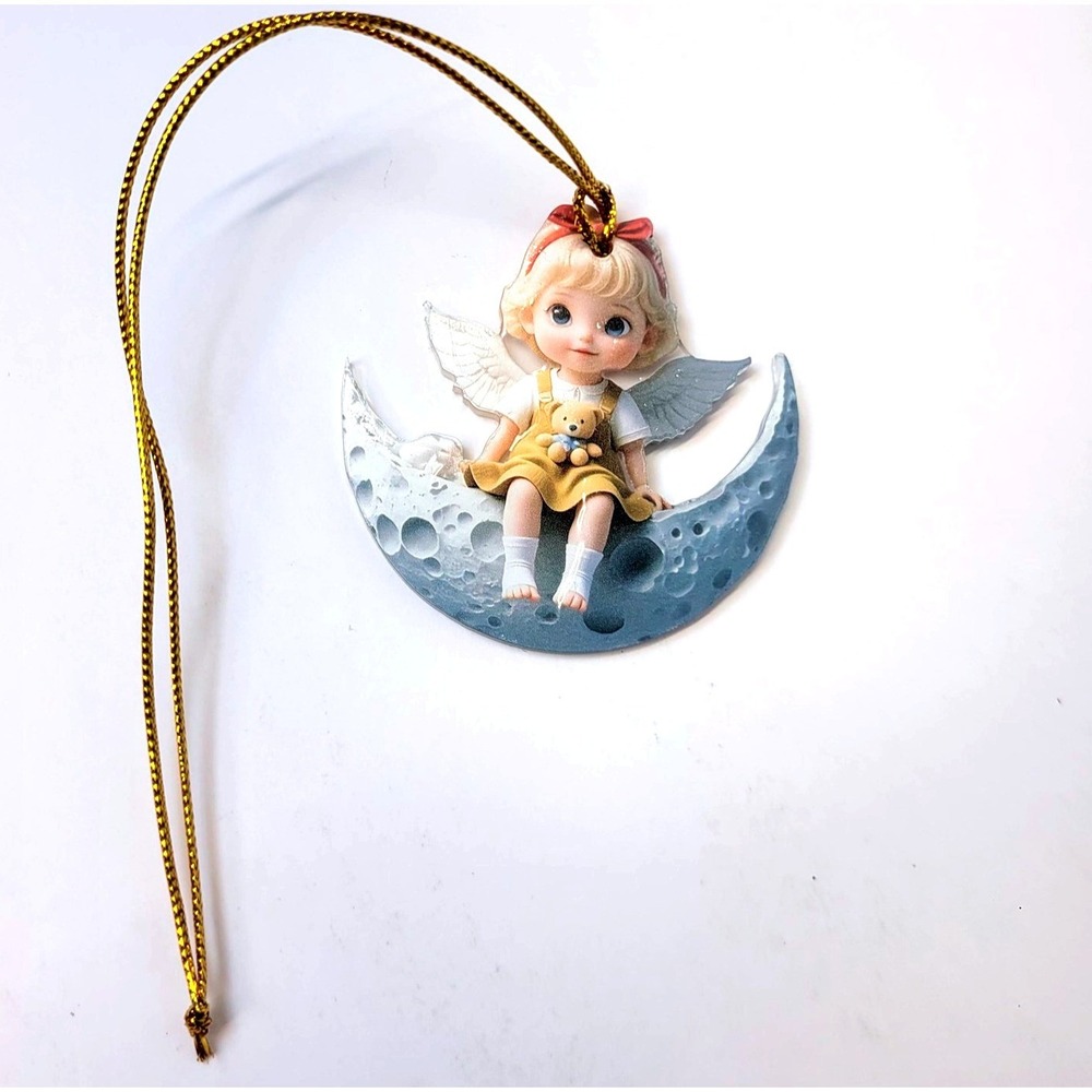 Angel Moon Ornament Teddy Bear Whimsical Decor Blue Yellow